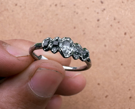 Palladium Coated (Platinum) Electroplated Ring w/ 5 Herkimer Diamonds Size 7.5