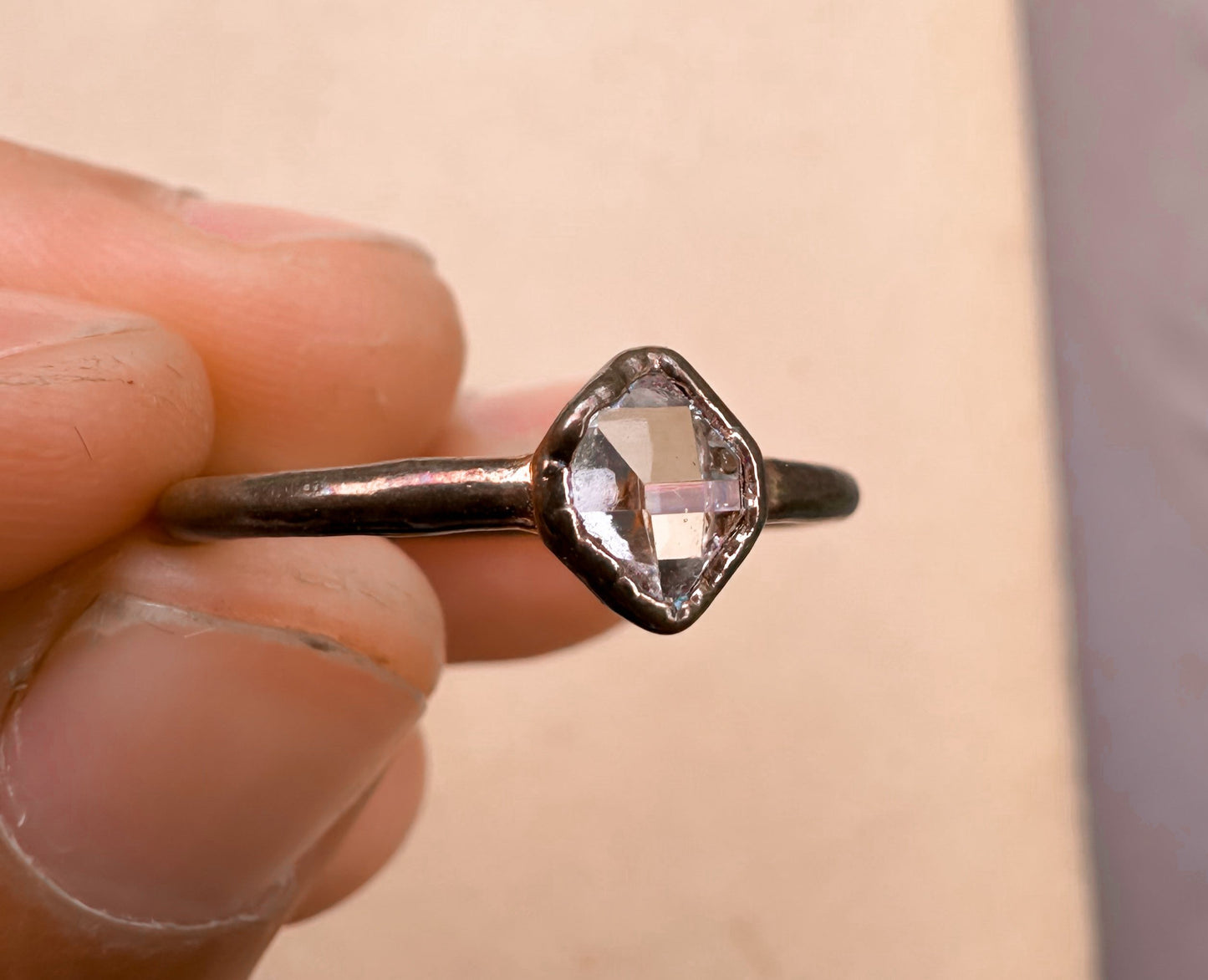 Copper Electroplated Ring w/ Herkimer Diamond Size 7.5