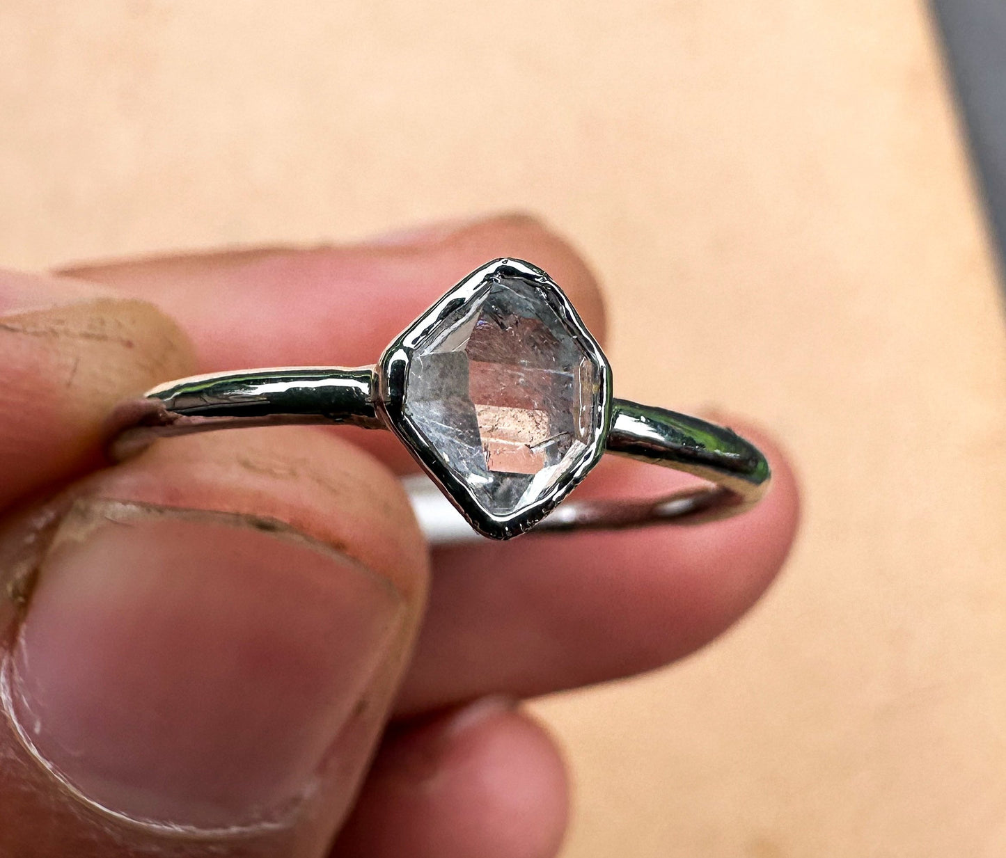 Palladium Coated (Platinum) Electroplated Ring w/ Herkimer Diamond Size 8